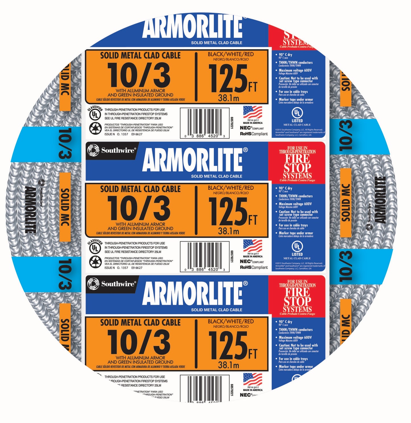 Southwire Armorlite 125-ft 10/3 Solid Aluminum MC (Metal Clad) Cable 68584205