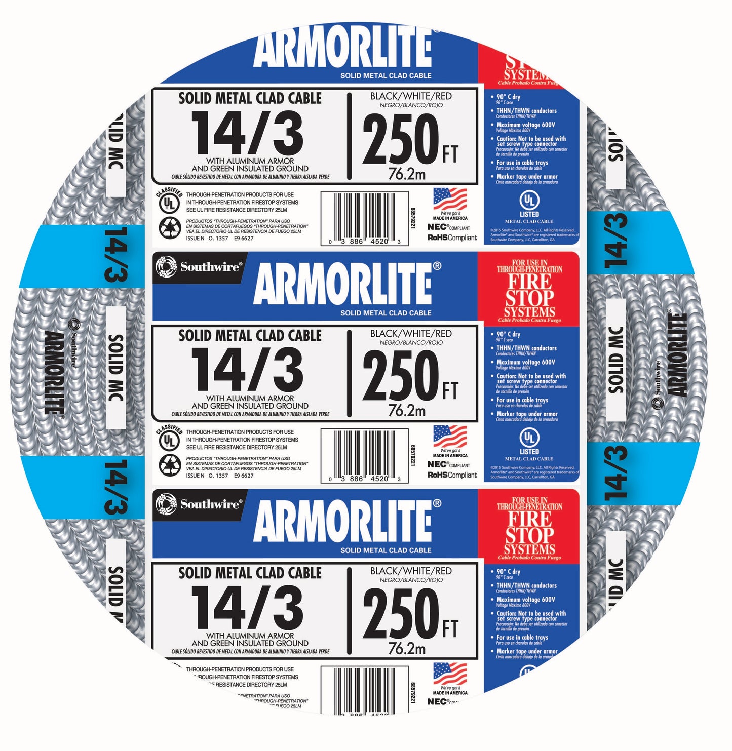 Southwire Armorlite 250-ft 14/3 Solid Aluminum MC (Metal Clad) Cable 68582601