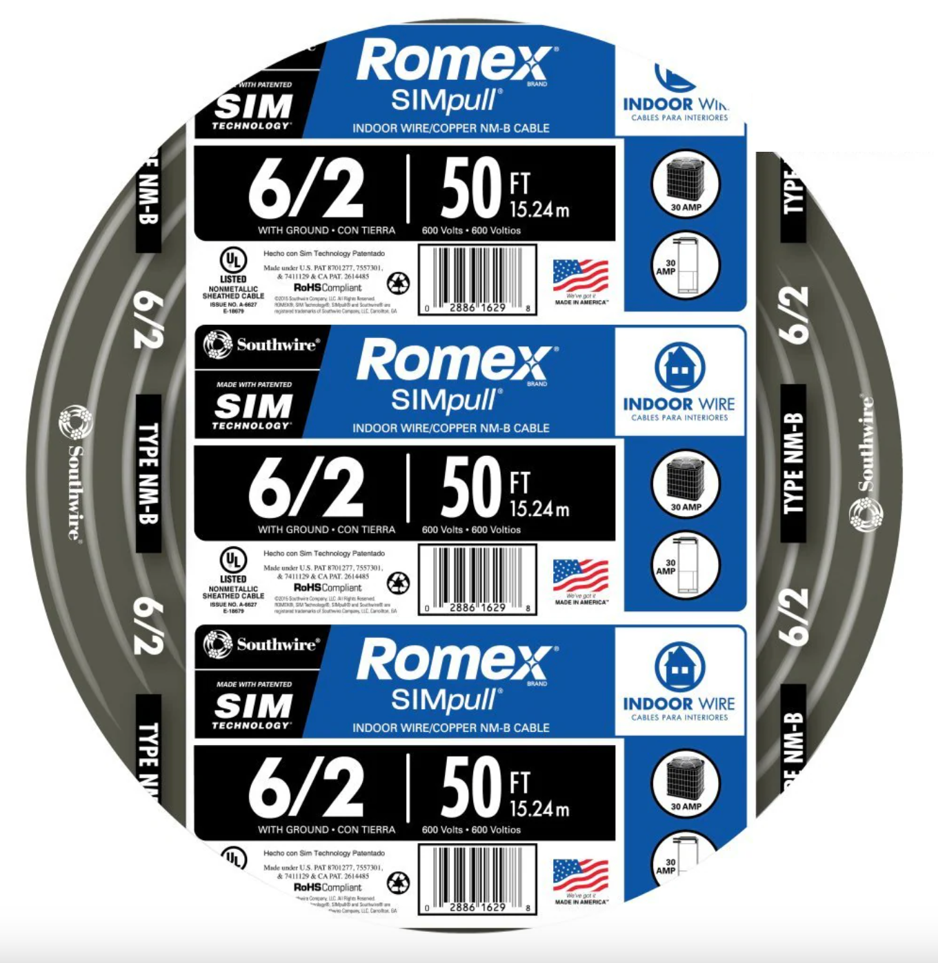 Southwire 50-ft 6/2 Romex SIMpull Solid Indoor CU NM-B W/G Individual Pack (By-the-roll) 28894422