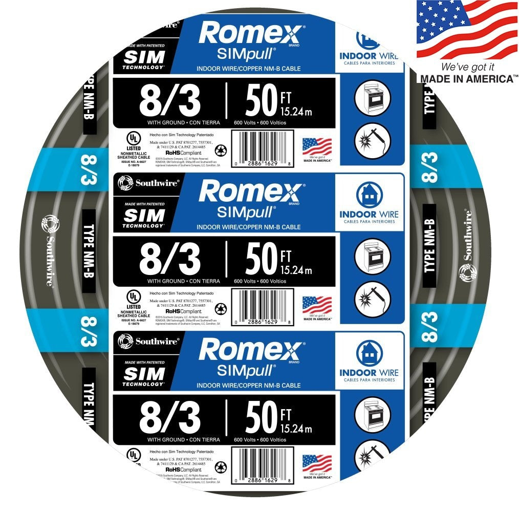 Southwire 50-ft 8/3 Romex SIMpull Stranded Indoor CU NM-B W/G Individual Pack (By-the-roll) 63949232