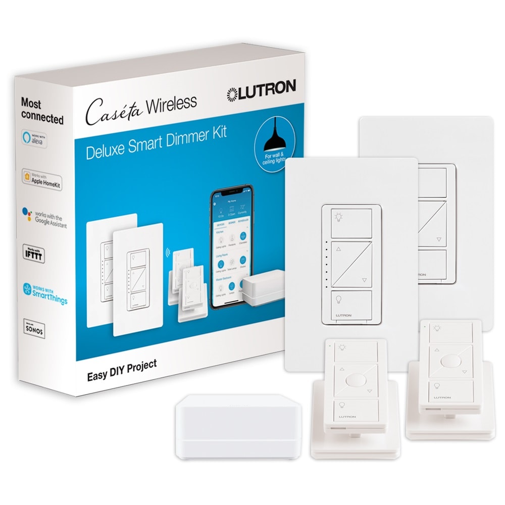 Lutron Caseta Smart Lighting Single-pole/3-way Smart with LED Decorator Light Dimmer Starter Kit with Smart Hub with Wall Plate, White P-BDG-PKG2W