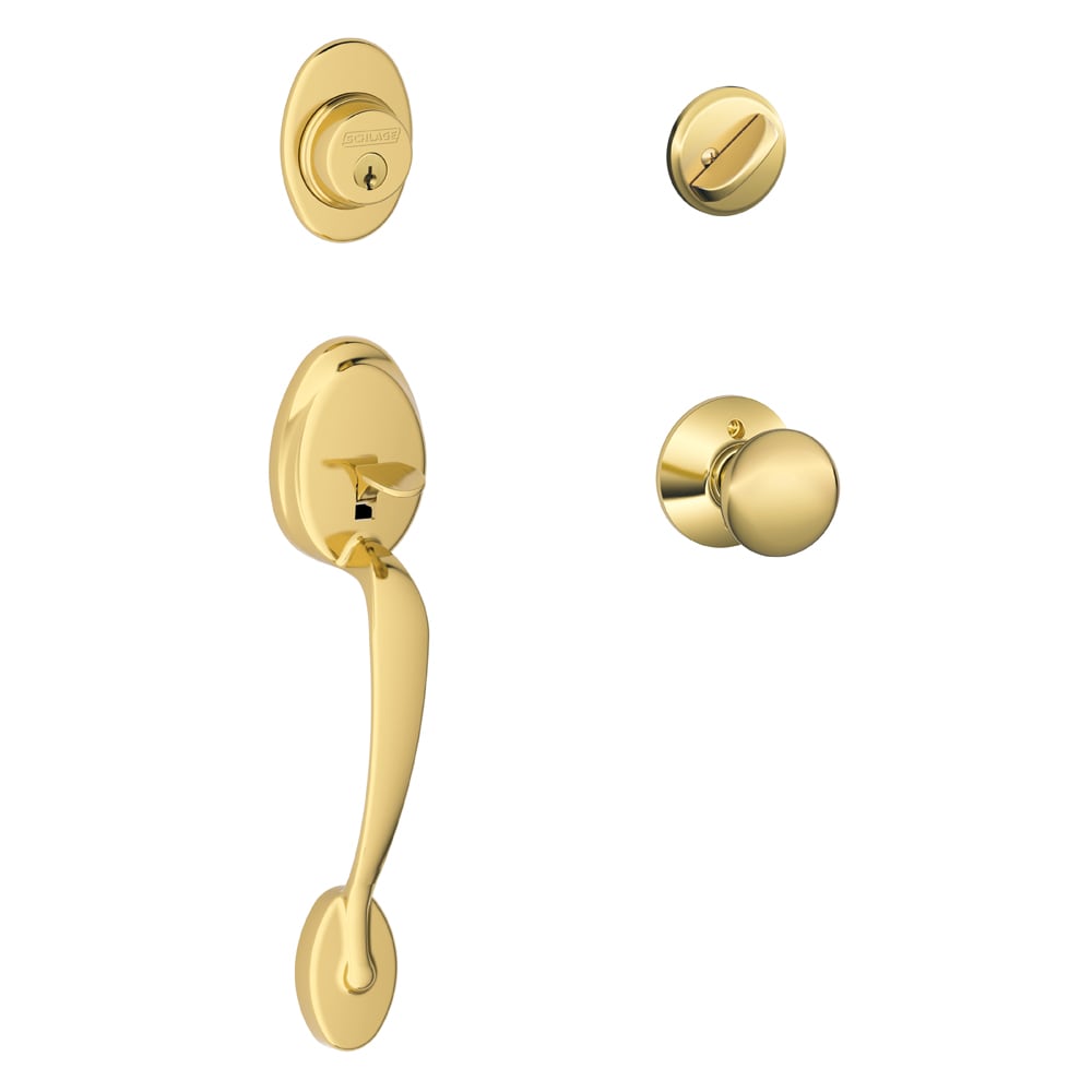Schlage Plymouth Bright Brass Single Deadbolt Keyed Entry Door Handleset Knob F60 V PLY 505 605