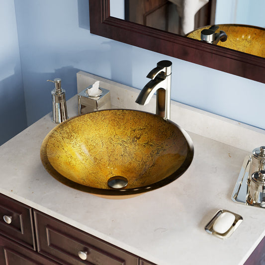 MR Direct Tempered glass Vessel Round Modern Gold, Bronze Bathroom Sink with Faucet Included with Drain Included ( 17.75-Inches x 17.75-Inches )