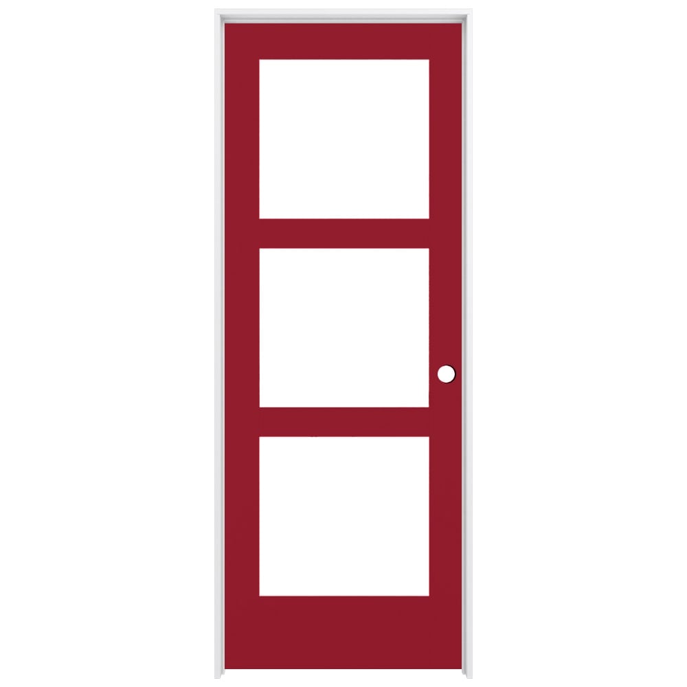 RELIABILT 24-in x 80-in Barn Red Solid core 3-panel square Frosted glass Left hand Smooth Prefinished Pine Wood Flat Jamb Single Prehung Interior Door