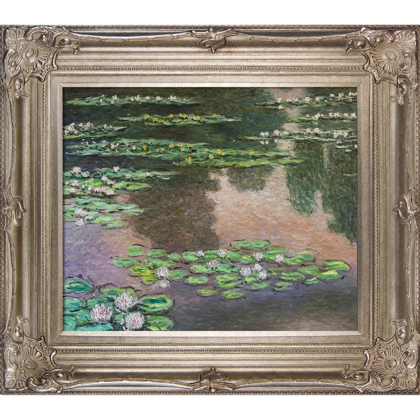 La Pastiche Water Lilies, Green and Violet (Luxury Line) Claude Monet Dark Champagne Wood Framed 30-Inches H x 34-Inches W Floral Canvas Hand-Painted Painting