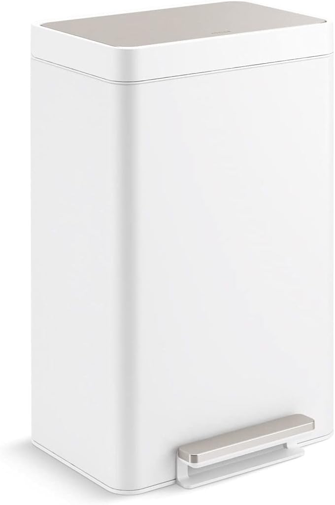 KOHLER 13-Gallon Stainless Steel Step Trash Can, White Stainless Steel, Hands-Free Pedal, Quiet-Close Lid, Fingerprint-Resistant, Durable, K-20940-STW