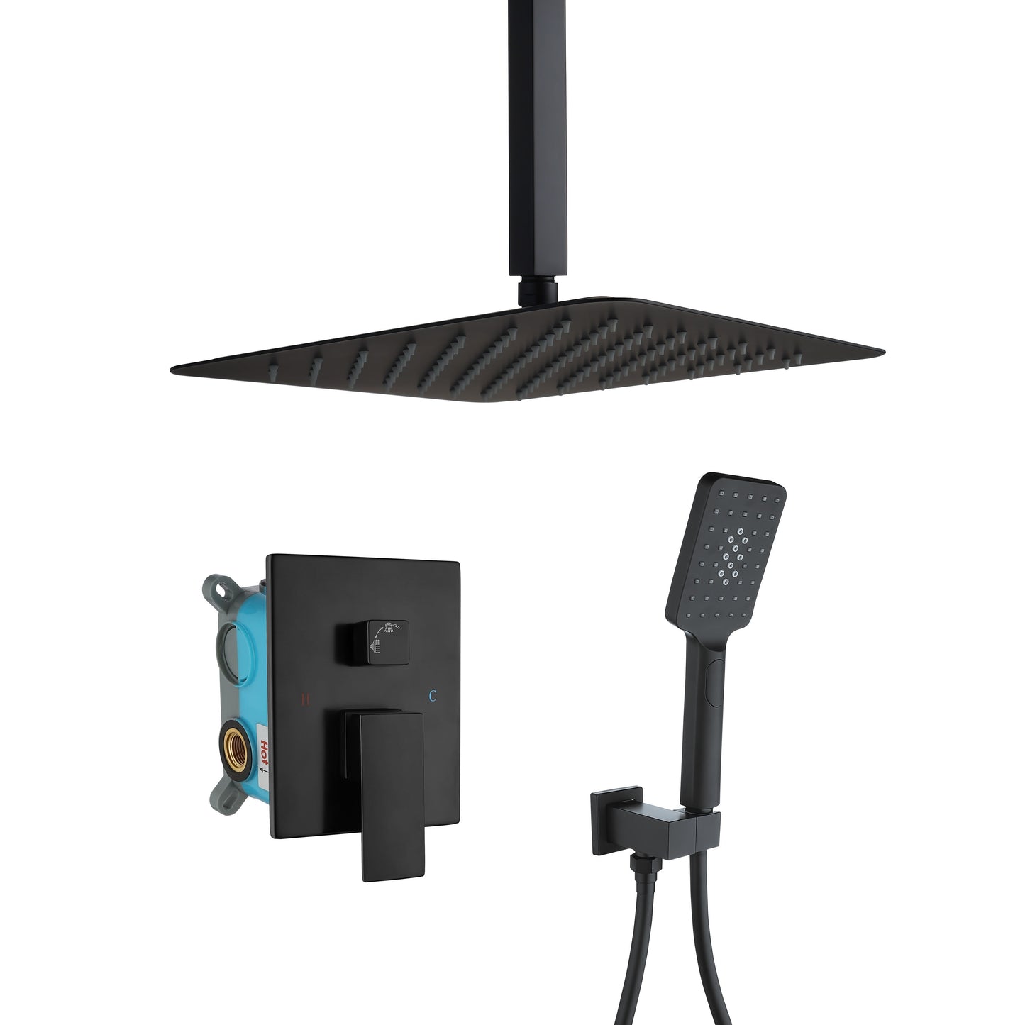 WELLFOR CZ Shower System with Bathtub Filler Matte Black 1-handle Multi-head 12 Square Shower Faucet with Valve