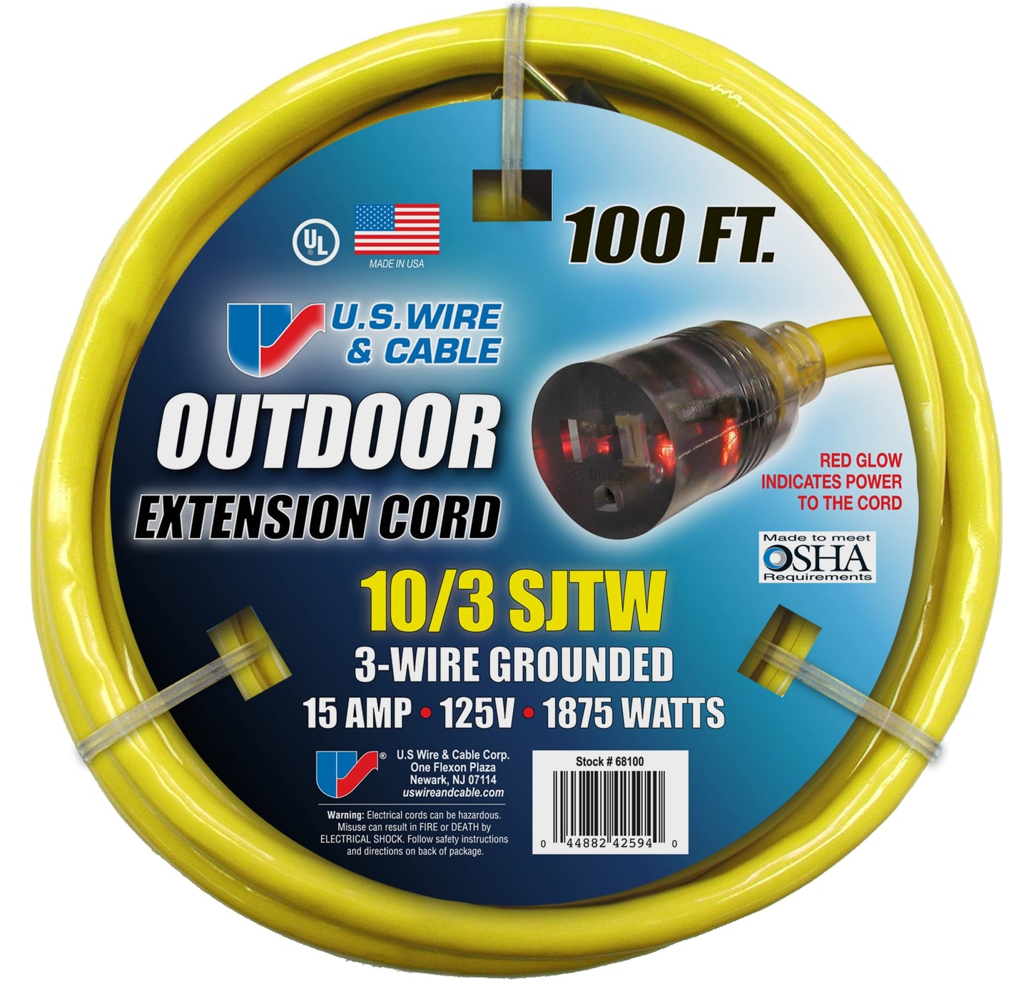 USW 10-Gauge Yellow Lighted ExtenSion Cords 100-ft 10/3 3-Prong Yellow Outdoor SJTW Heavy Duty Lighted Extension Cord 68100