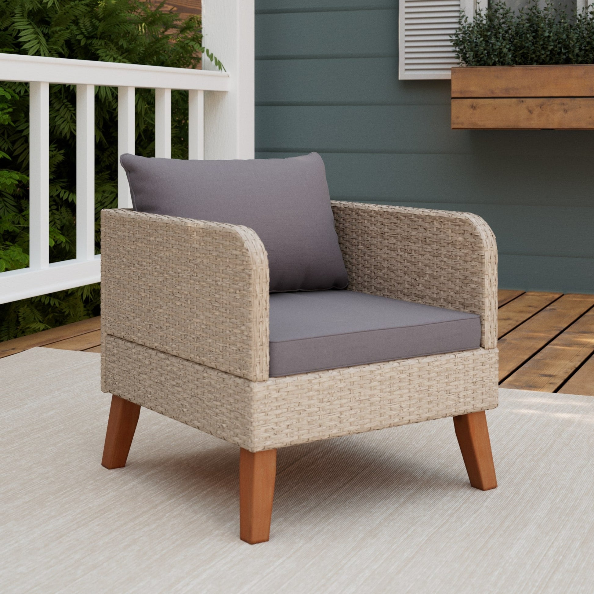 Brookside Chloe Rattan Tan Rattan Frame Stationary Conversation Chair with Gray Cushioned Seat