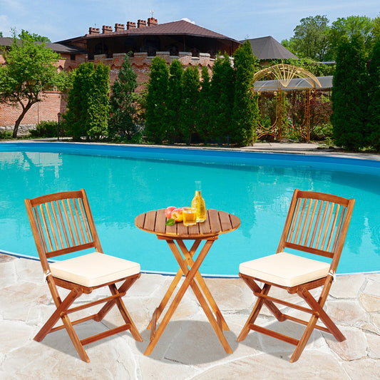 Clihome Outdoor Furniture Set 3 -Piece Wood Bistro Patio Dining Set Wood Round Table with 2 White Cushions Stationary Chairs