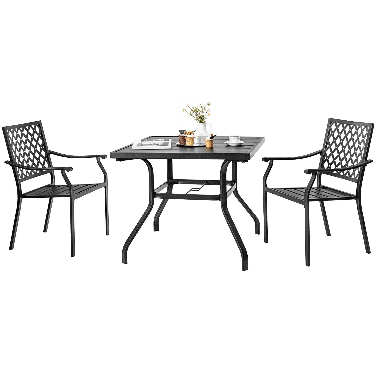Clihome Patio Furniture Set 3 -Piece Black Patio Dining Set Steel Square Table with 2 Stationary Chairs