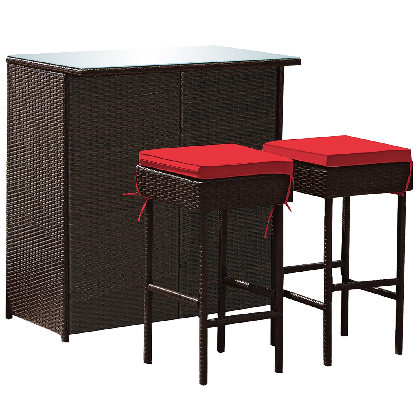 Costway 3 -Piece Brown Rattan Bar Height Patio Dining Set Rattan Square Table with 2 Red Cushions Stationary Chairs