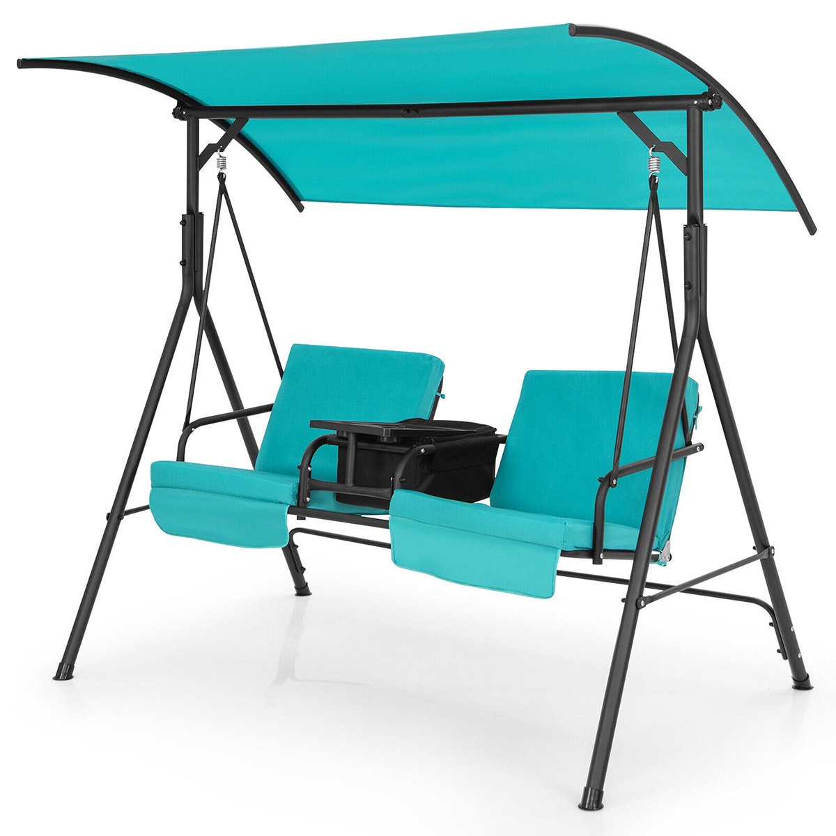 WELLFOR Outdoor 2-Person Porch Swing Chair with Adjustable Canopy in Turquoise