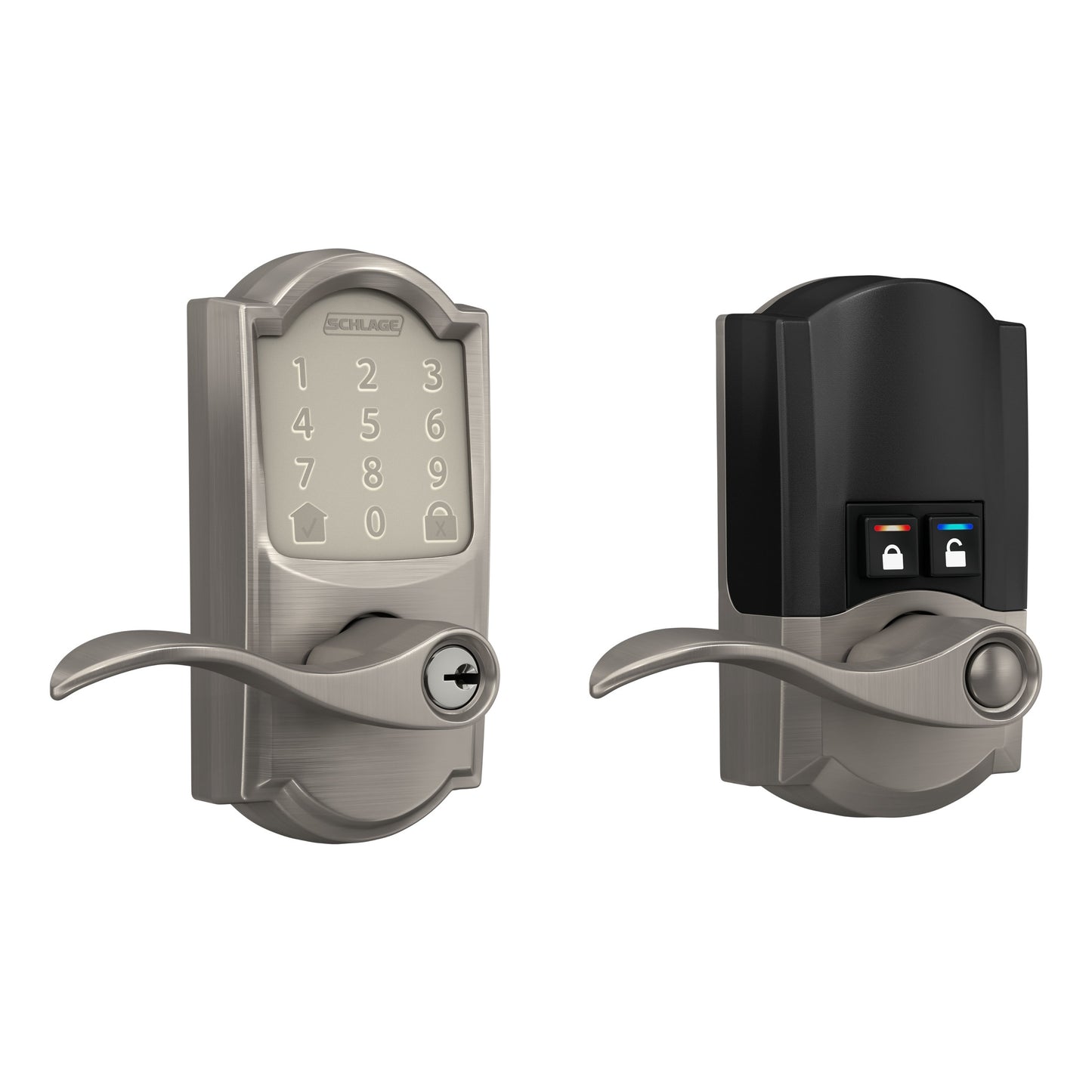 Schlage Encode Lever Camelot-Accent Satin Nickel Smart Lock Electronic Handle with Wifi Bluetooth Touchscreen Keypad FE789WBVCAM619ACC