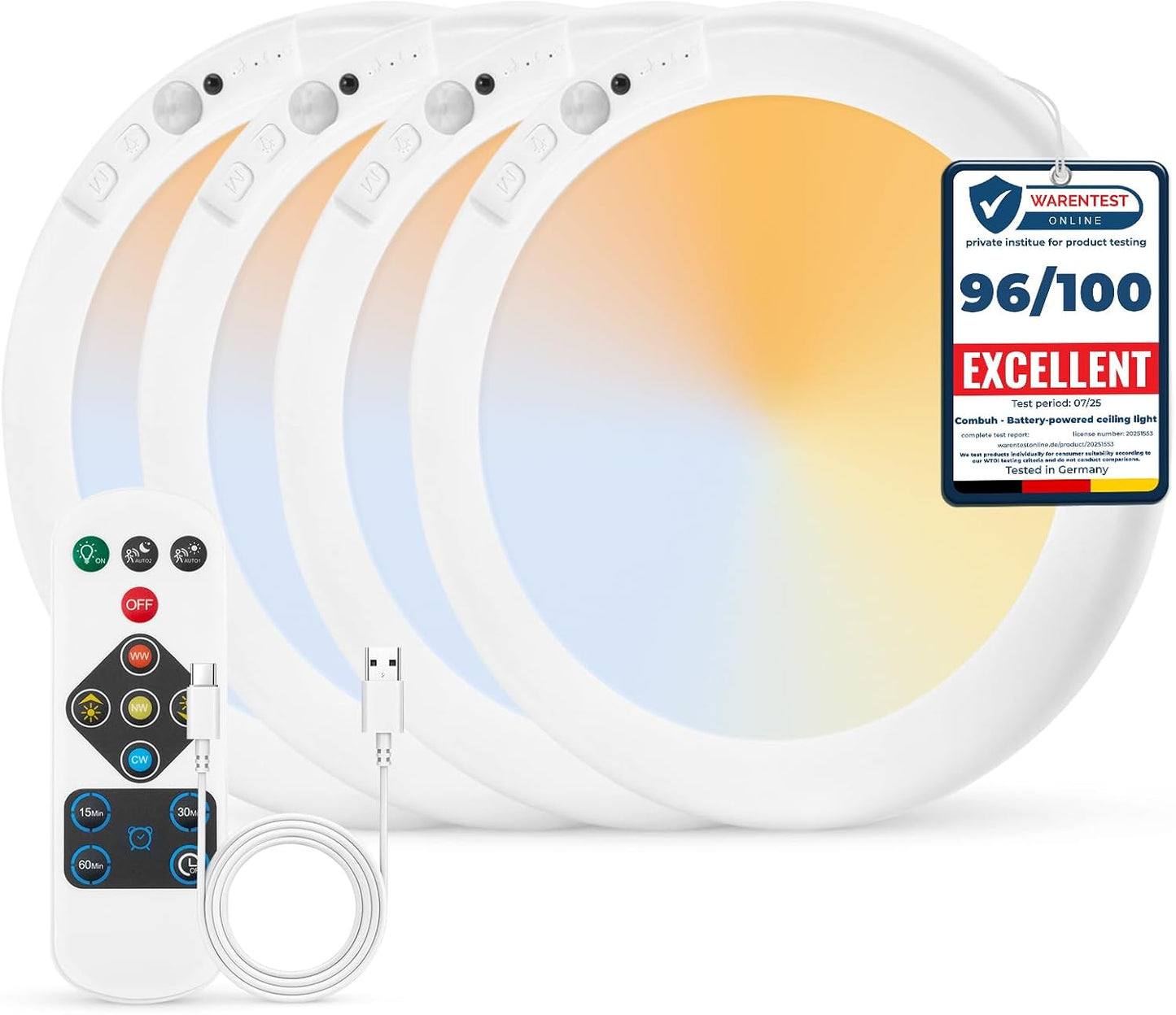 Combuh 4-Pack Battery Powered Motion Sensor Light, 7.48" IP44 Waterproof Shower Lamp Without Wiring, Ultra Thin 3 Colors Adhesive Overhead Lightting for Garage, Bedroom, Kitchen, Portable