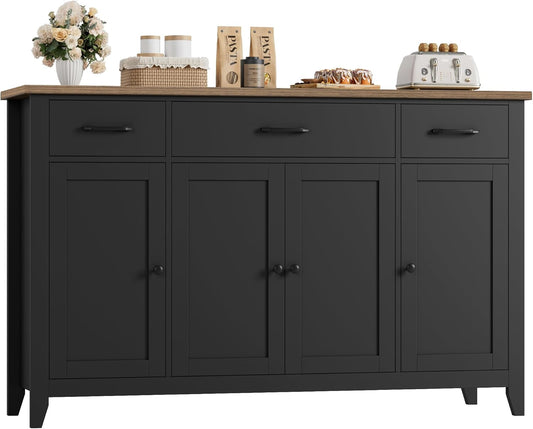 HORSTORS 55" Buffet Cabinet, Modern Farmhouse Sideboard Buffet with Drawers, Large Kitchen Storage Cabinet with Adjustable Shelves, Wood Coffee Bar for Kitchen, Dining Room, Living Room, Black