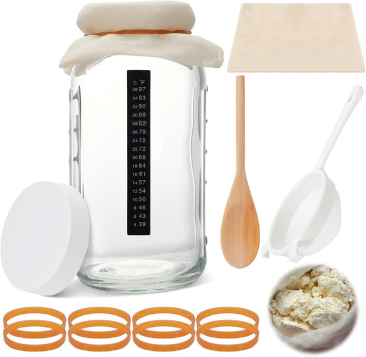 Honeydak 8 Pcs Complete Kefir Starter Kit Kombucha Fermenter Kit Half Gallon 64oz Mason Jar Wide Mouth with Plastic Storage Lid Nylon Mesh Strainer Cotton Cloth Cover and Wood Spoon