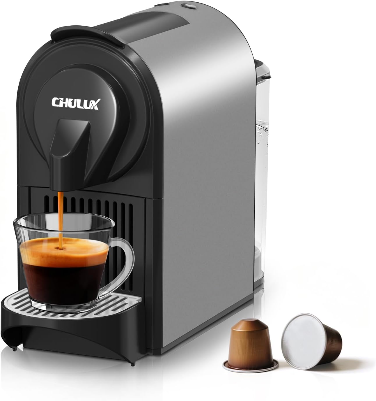 CHULUX Compact Espresso Machine, 20 Bar Single Serve Coffee Maker, Dual Brew Sizes for Espresso and Lungo, 1400W Rapid Brewing, Mystic Gray (Upgrade Model)