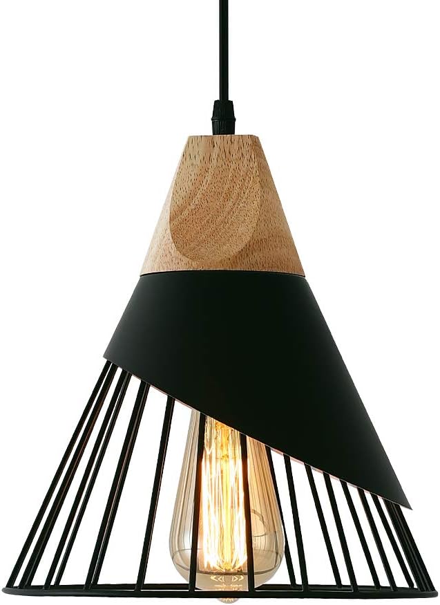 Mxsaoud Modern Black Pendant Light Over Kitchen Island, Adjustable Wood Hanging Light Fixture,Industrial Pendant Lighting for Dining Room,Living Room,Bedroom,Hallway,Kitchen,Bar