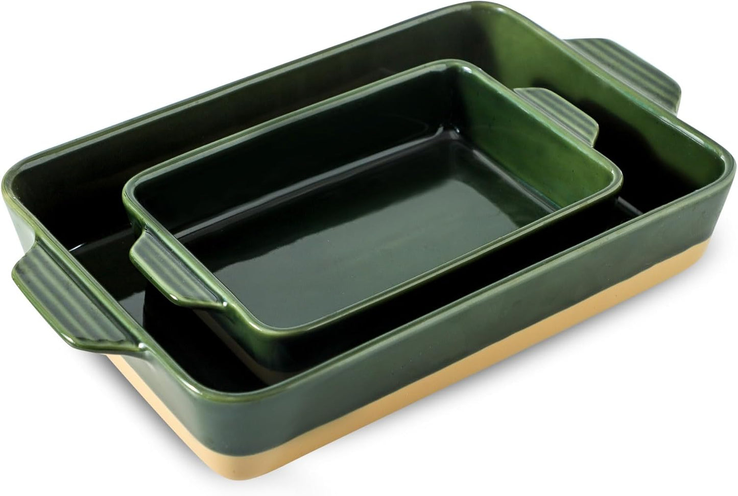 Howise Ceramic Baking Casserole Dish with Handles, Large 9x13 inch Pan and Middle Baking Pan - Porcelain Serving Bakeware Set (Forest Green)