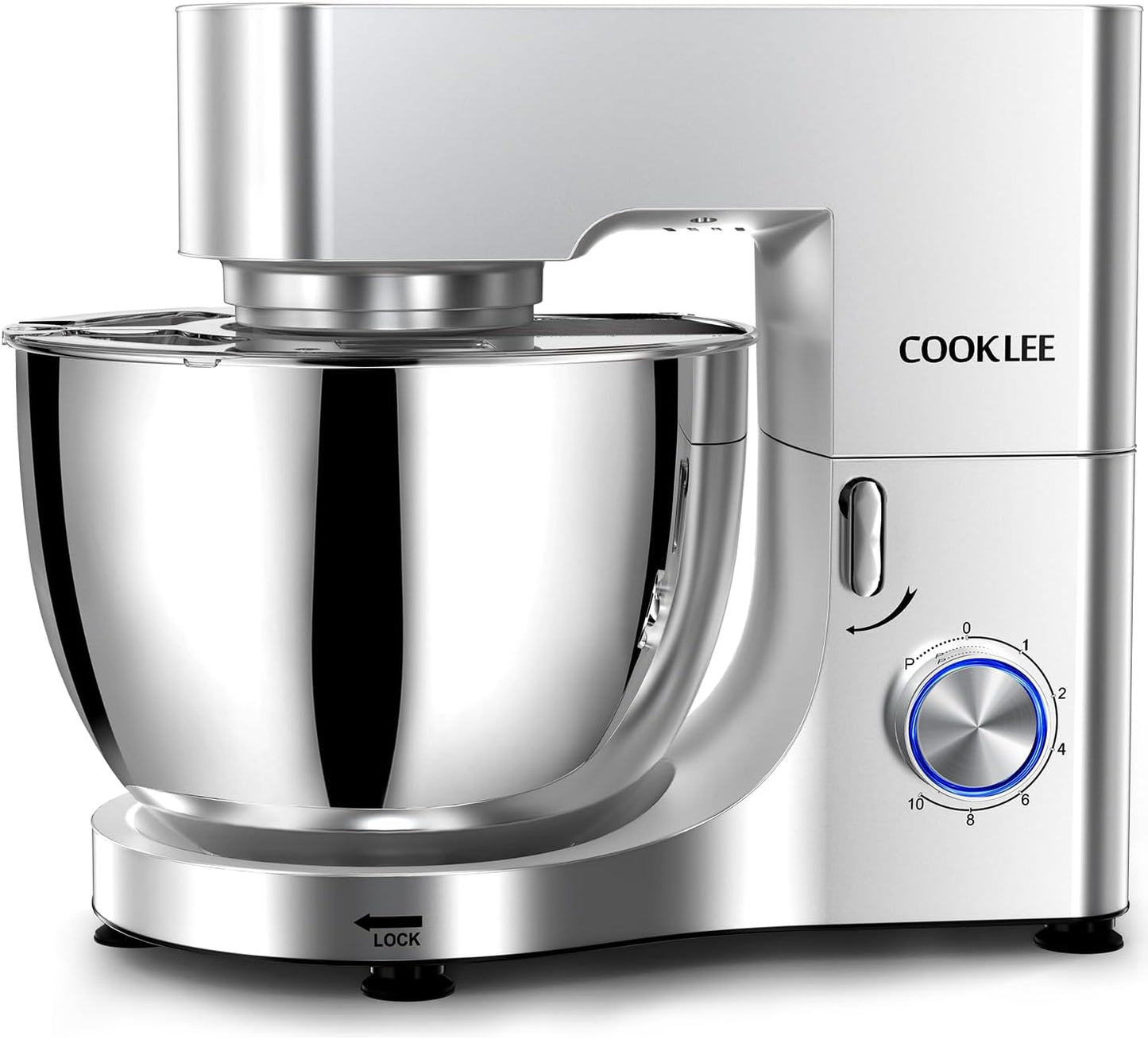 COOKLEE Stand Mixer, 9.5 Qt. 660W 10-Speed Electric Kitchen Mixer with Dishwasher-Safe Dough Hooks, Flat Beaters, Wire Whip & Pouring Shield Attachments for Most Home Cooks, Silver