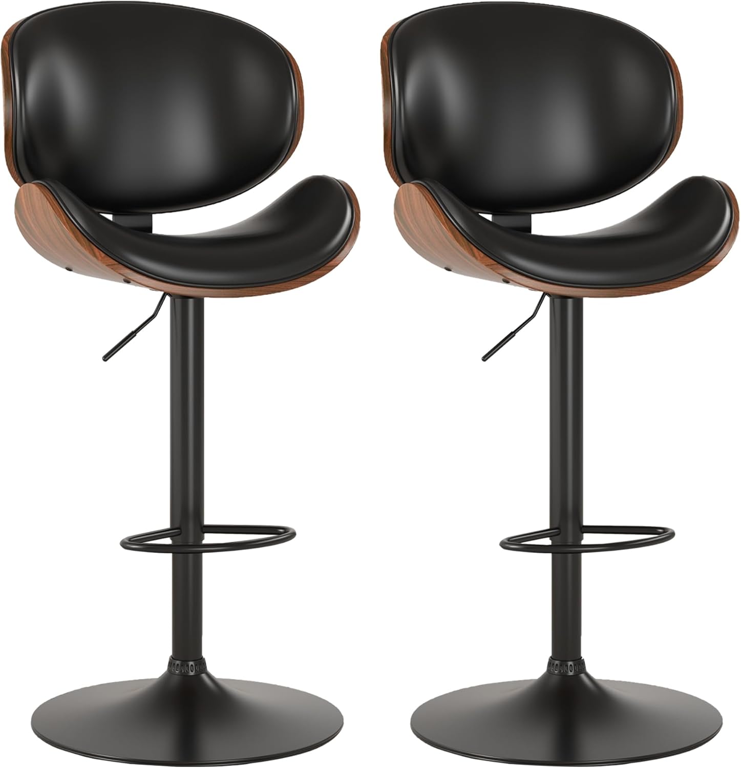 KCC Bar Stools Set of 2, Swivel Adjustable Height Barstools, PU Leather Upholstered Bar Chairs with Footrest, Bentwood Bar Stool for Kitchen, Bar, Dining Room(Black PU)