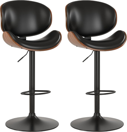KCC Bar Stools Set of 2, Swivel Adjustable Height Barstools, PU Leather Upholstered Bar Chairs with Footrest, Bentwood Bar Stool for Kitchen, Bar, Dining Room(Black PU)