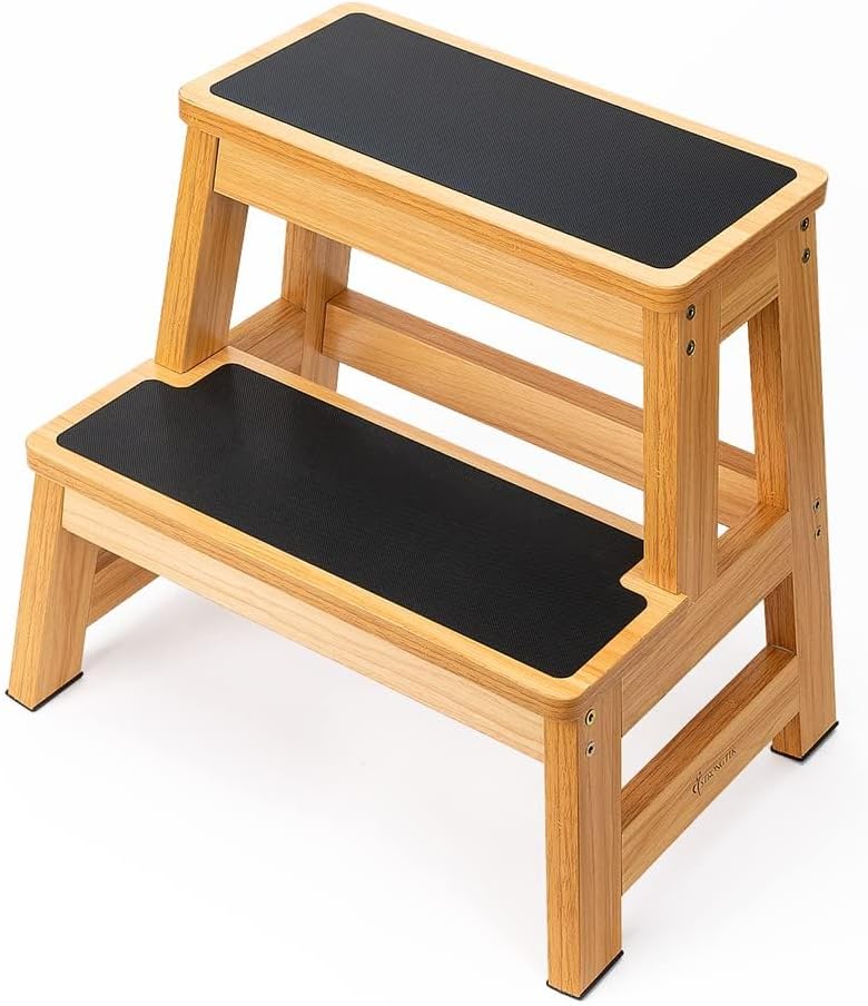 StrongTek Wood Step Stool for Adults and Kids, 17 Inch Tall, Non-Slip Step Surface, Heavy Duty, Two Step for Kitchen, Bed, Bathroom, 500 lbs Capacity