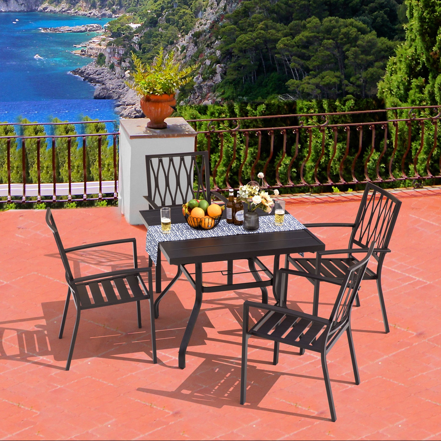 Nuu Garden 5 -Piece Black Patio Dining Set Iron Square Table with 4 Stackable Stationary Chairs