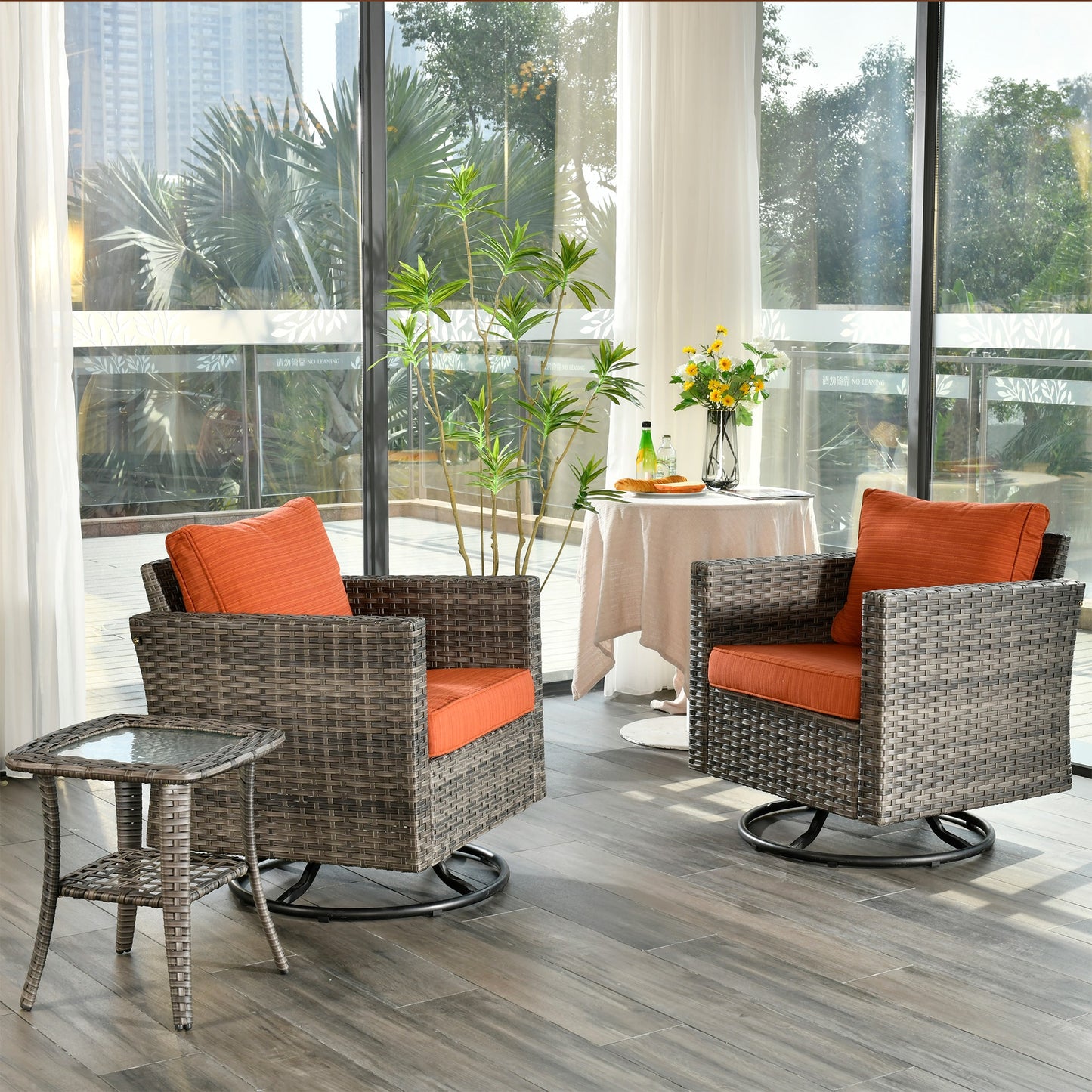 Ovios 3 -Piece Wicker Patio Conversation Set with Orange Cushions