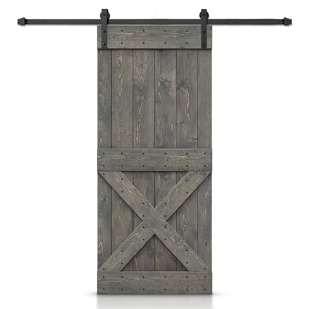 CALHOME 42-in x 84-in Weather Gray Knotty pine Wood Solid core Single Barn Door (Hardware Included)