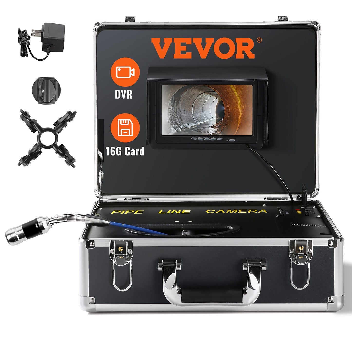 VEVOR Sewer Camera with 512-Hz Locator, 9-in Pipeline Inspection Camera w/DVR Function, IP68 Camera w/12 Adjustable LEDs, A 16 GB SD Card for Sewer Line, Home, Duct Drain Pipe Plumbing DDWKXSGDNK740FG8GV1
