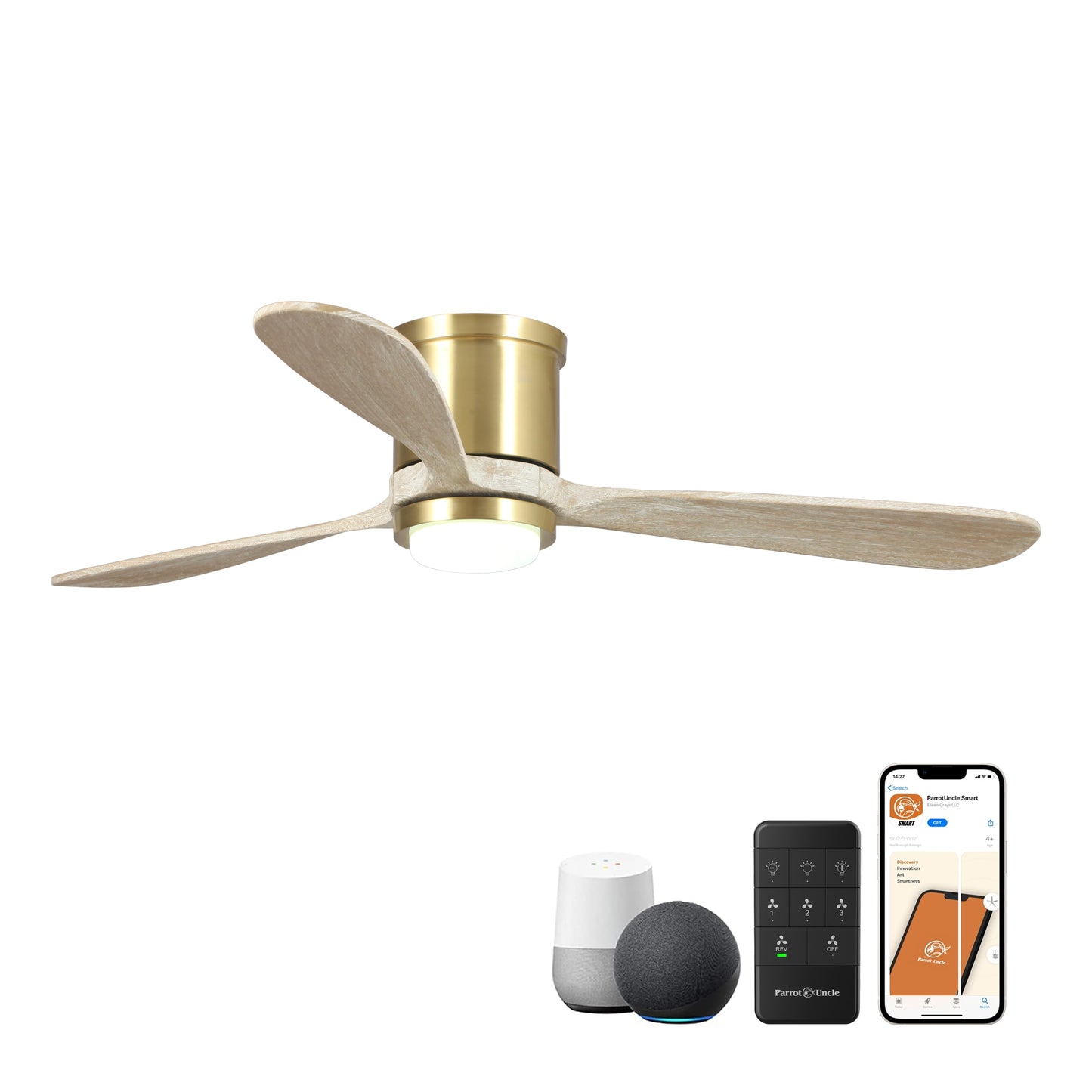 Parrot Uncle Smart Fan 52-in Sand Gold with Brushed Blades Integrated LED Indoor Flush Mount Smart Ceiling Fan with Light and Remote (3-Blade) 530173SQ-SMART