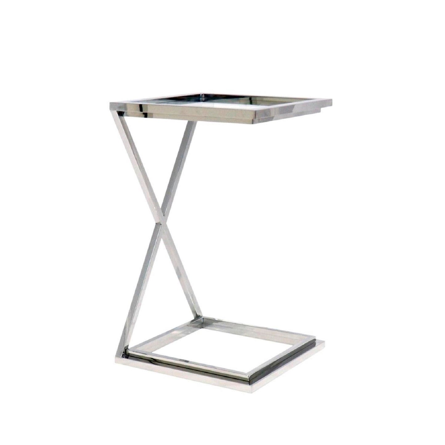 Pasargad Home Decked out in a chic finish, the angled metal base is striking from every angle. The coylin square end table is topped off with a clear glass top with steel edging for a completely modern look