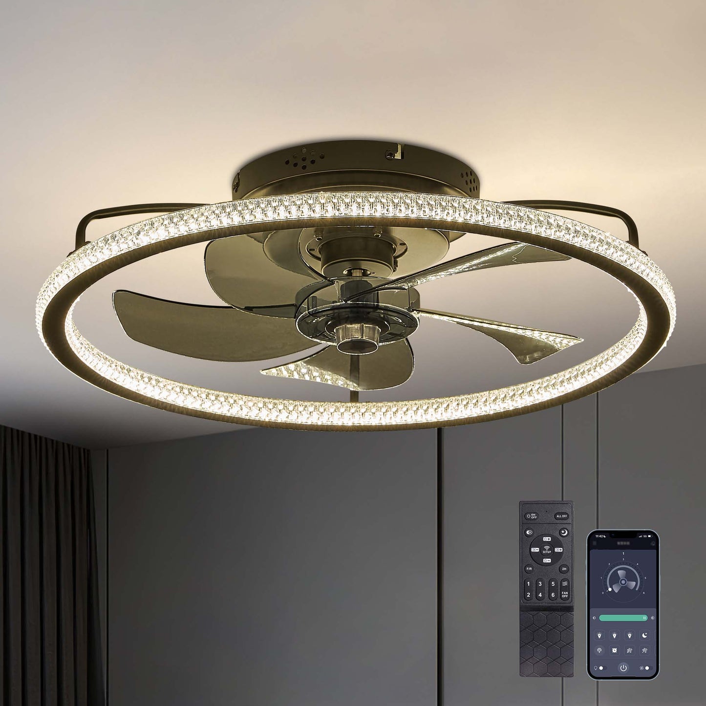 Antoine Modern Low Profile Bedroom 20-in Black Farmhouse Smart LED with Pc Blades Color-changing Integrated LED Indoor Flush Mount Smart Ceiling Fan with Light and Remote (5-Blade) DCLW051