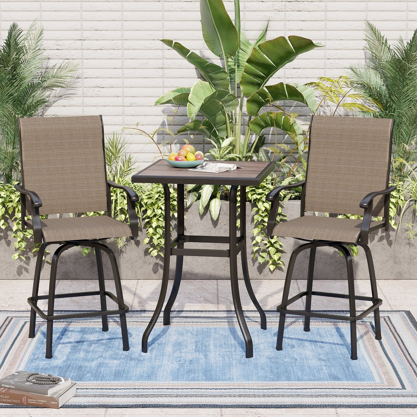 Sunshine Valley BRISTOL 3 -Piece Black Balcony Height Patio Dining Set Steel Square Table with 2 Brown Swivel Chairs