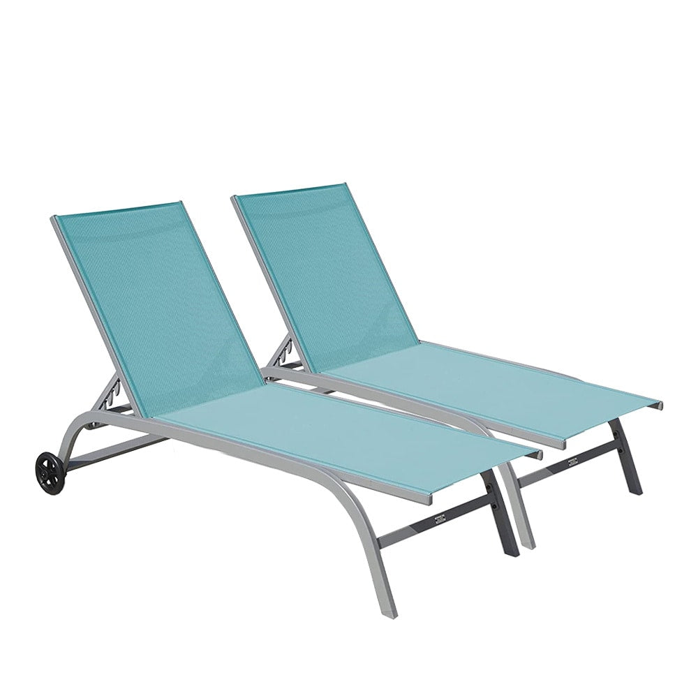 Fun Orange Set of 2 Gray Aluminum Frame Stationary Chaise lounge Chair with Blue Woven Seat