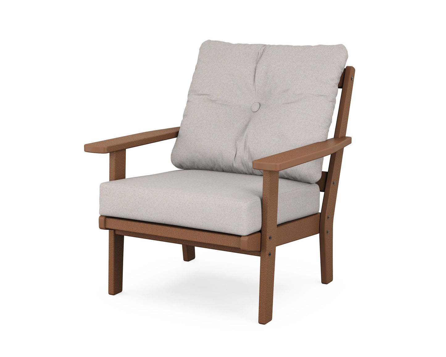POLYWOOD Oxford Teak HDPE Frame Stationary Conversation Chair with Tan Slat Seat
