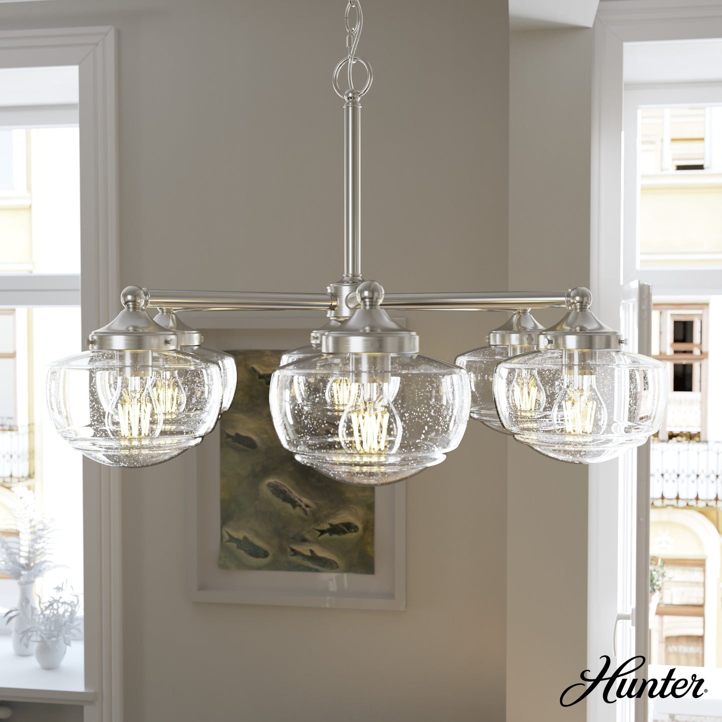 Hunter Saddle Creek 6 -Light Brushed Nickel Transitional For Use in Bedrooms, Dining Rooms, Foyers, Kitchens, Living Rooms Chandelier 5228365