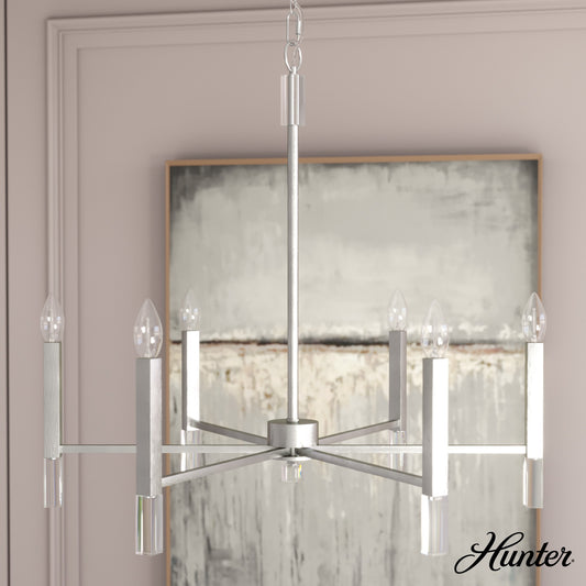 Hunter Sunjai 6 -Light Brushed Nickel Modern/contemporary Bare bulb For Use in Bedrooms, Dining Rooms, Foyers, Kitchens, Living Rooms Chandelier 5228388