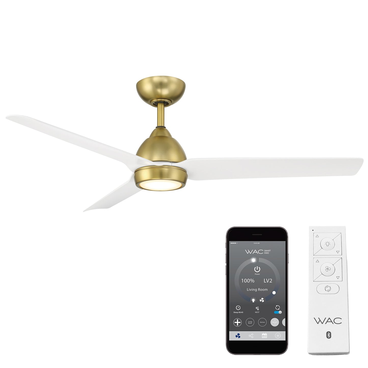 WAC Lighting Mocha 54-in Soft Brass with Matte White Blades Integrated LED Indoor/Outdoor Smart Ceiling Fan with Light and Remote (3-Blade) F-001L-SB/MW