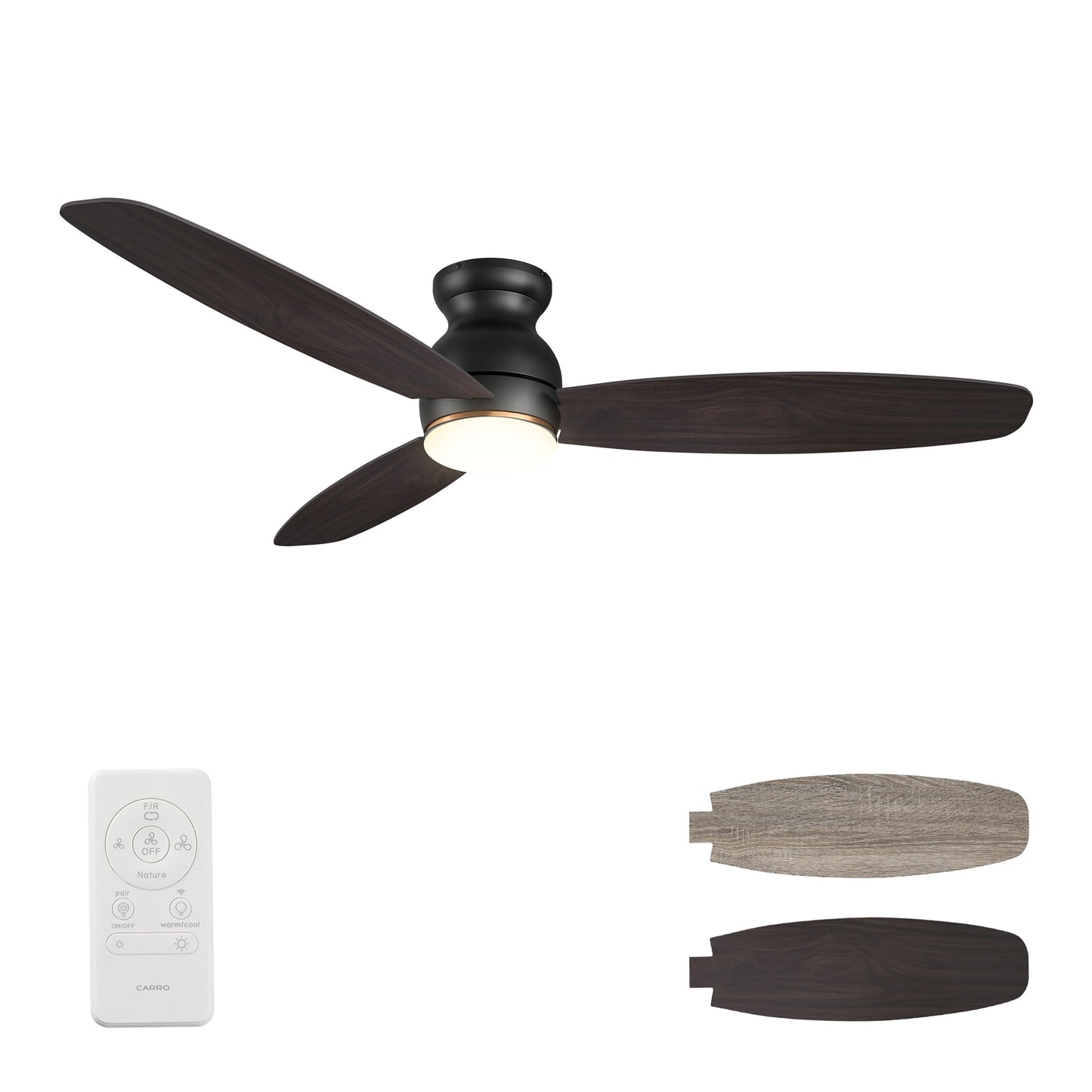 CARRO USA Trendsetter 60-in Black with Wooden/Walnut Blades Indoor/Outdoor Flush Mount Smart Ceiling Fan with Light and Remote (3-Blade) LS603Q-L12-BG-1