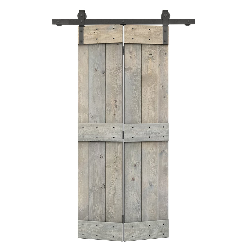 CALHOME 32-in x 84-in Smoke Gray Mid-Bar Pine Wood Solid core Single bifold Barn Door (Hardware Included)