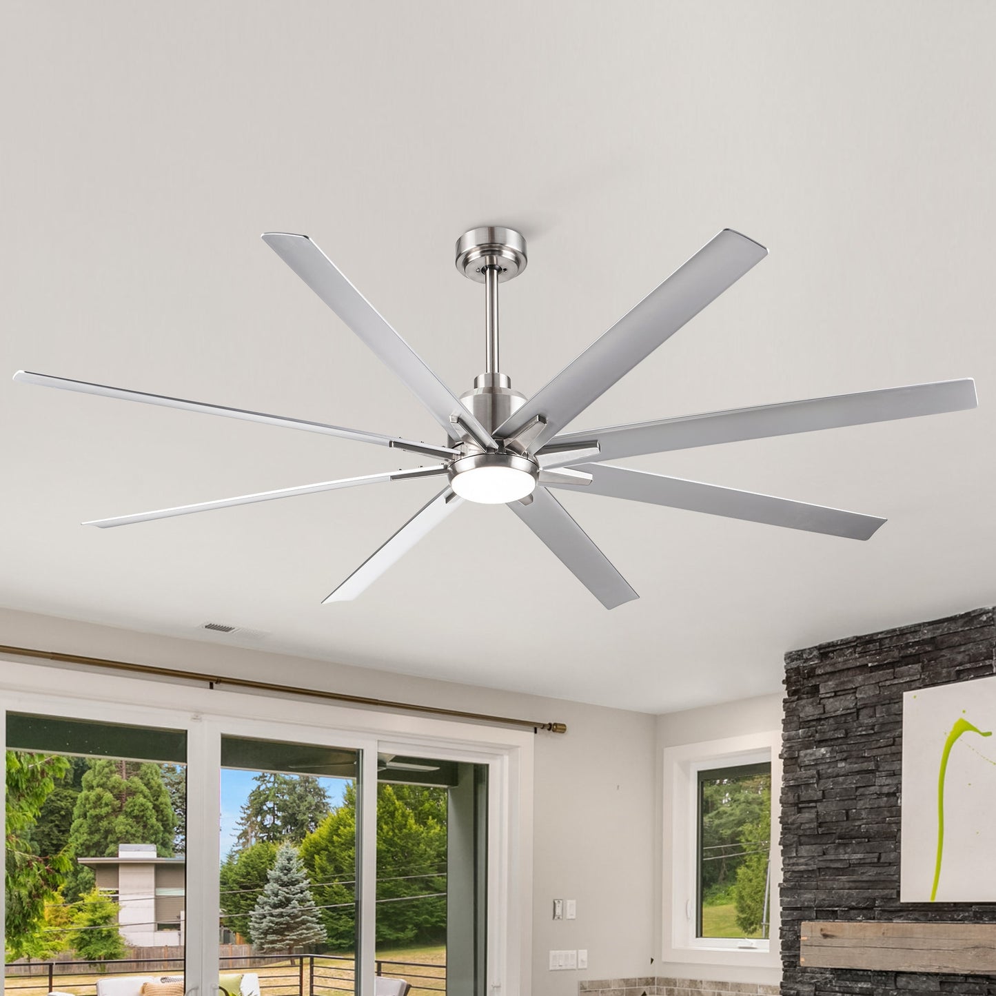 YUHAO Heekcaa 72-in Nickel with Matte Blades Color-changing Integrated LED Indoor/Outdoor Smart Ceiling Fan with Light and Remote (8-Blade) LSDC1109SN72