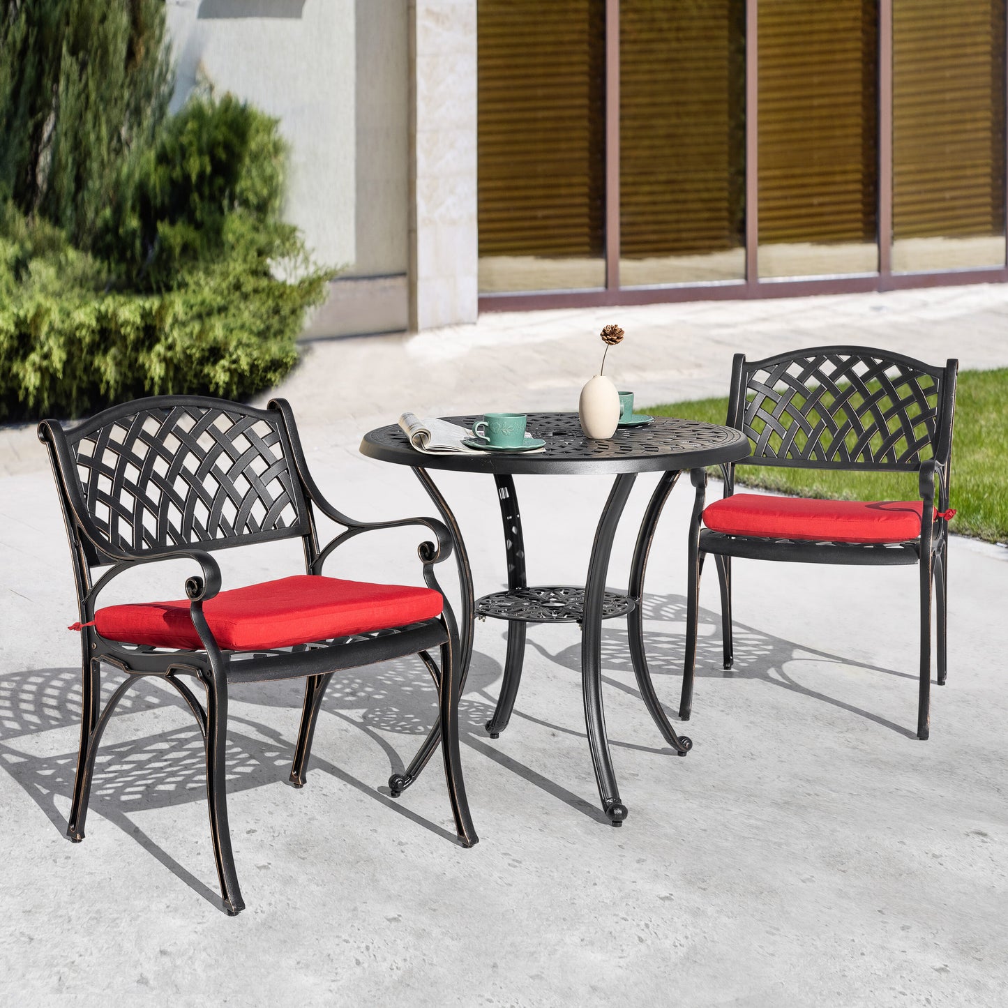 Nuu Garden 3 -Piece Black with gold Bistro Patio Dining Set Aluminum Round Table with 2 Red Cushions Stationary Chairs