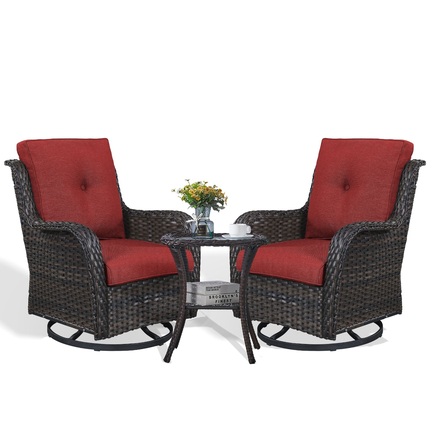 Rilyson Curved handrail Set of 2 Wicker Brown Wicker Frame Swivel glider Conversation Chair with Red Red Cushioned Seat