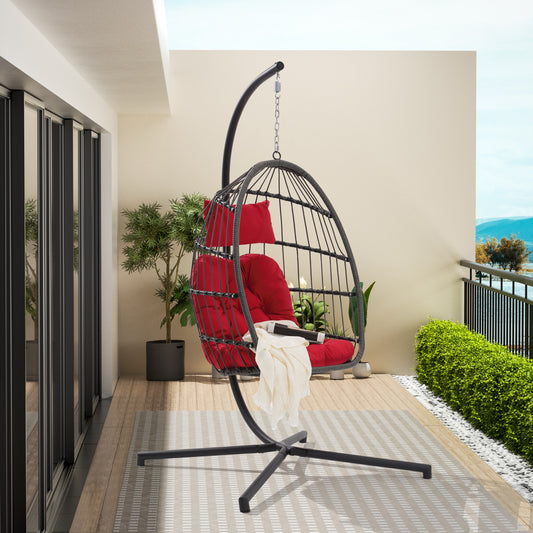 CESICIA Patio Chairs Rattan Red Rattan Frame Hanging Egg Chair with Red Cushioned Seat