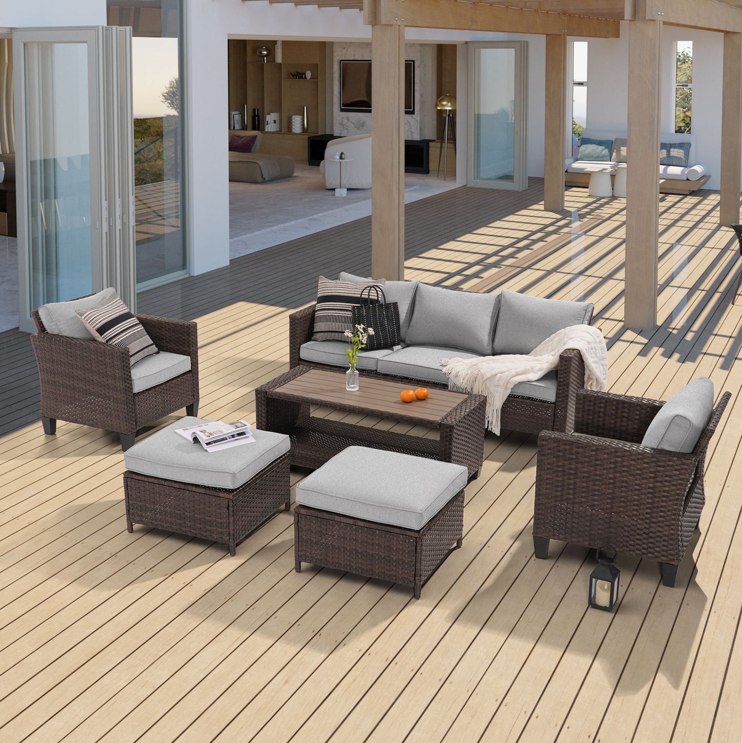 ACEGOSES 6 -Piece Wicker Patio Sofa Conversation Set with Gray Cushions