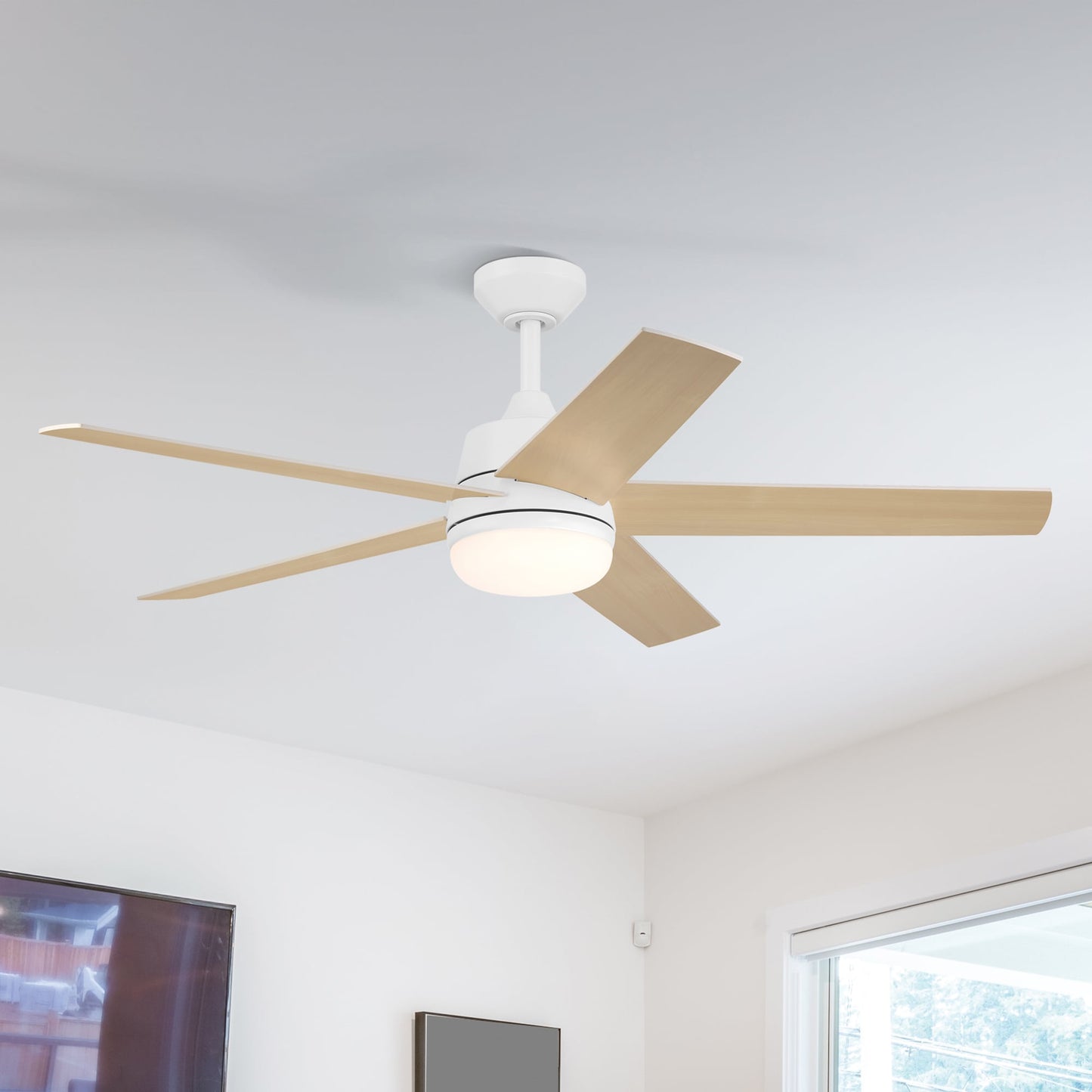 Designers Fountain Astrea 52-in Matte White Color-changing Integrated LED Indoor/Outdoor Flush Mount Smart Ceiling Fan with Light and Remote (5-Blade) FS-ATR52RGB-MW
