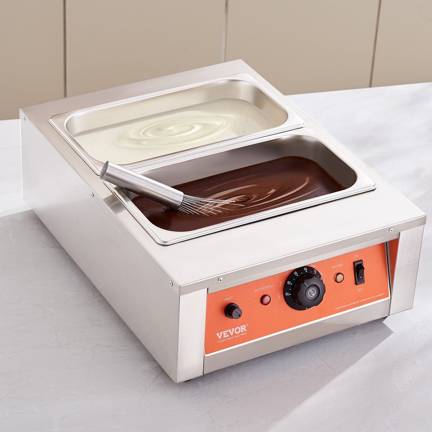 VEVOR Chocolate Tempering Machine, 17.6 Lbs 2 Tanks Chocolate Melting Pot Temp Control 1500W Stainless Steel Electric Commercial Food Warmer For Am Melting and Heating Q1761500W30423AN2V1
